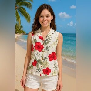 Vintage Sunset Cove Tropical Hawaiian Floral Sleeveless Blouse Size Small